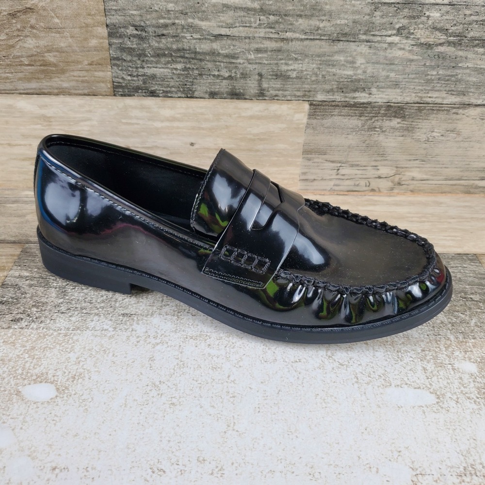 Madden Girl Prep Womens Loafer Shoes Sz 9 M Black Faux Leather Slip On Moc Toe